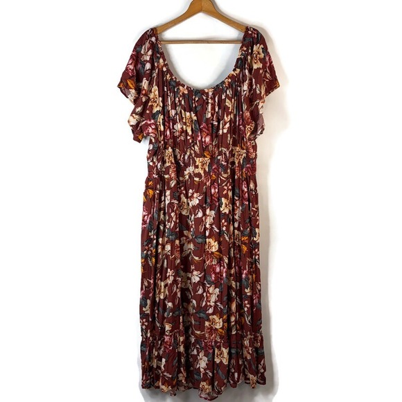 torrid Dresses & Skirts - Torrid Maxi Dress Women 4 Burgundy Floral Boho Off Shoulder Ruffle Pocket